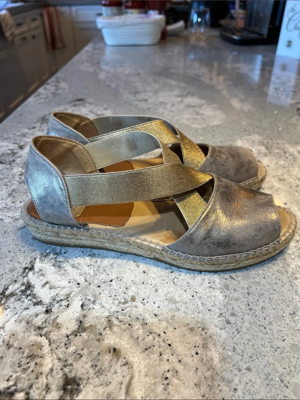 kanna Metallic Silver and Gold Cross-Strap Espadrille Sandals EU38 US7.5/8